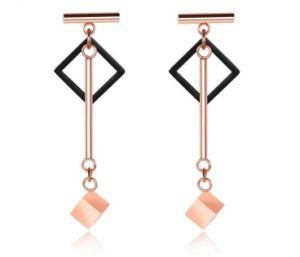 Fashion Brand Tassel Love T Black Square Long Drop Earrings Rose Gold Color Stainless Steel Women Party Christmas Gift