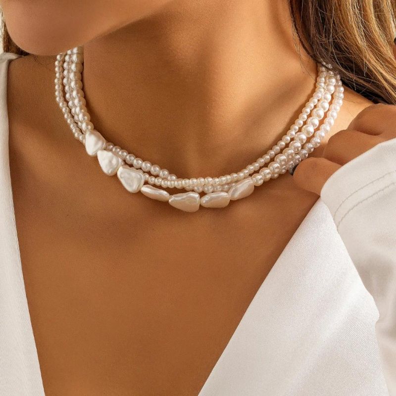 Big Small Imitation Baroque Pearl Chain Jewelry 3 Layer Beaded Pearl Choker Necklace