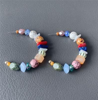 New Trendy Marbling Round Bead Faceted Basketball Bead Candy Faceted Bead Shell Chips Mixing Bohemia Women Fashion Hoop Earrings