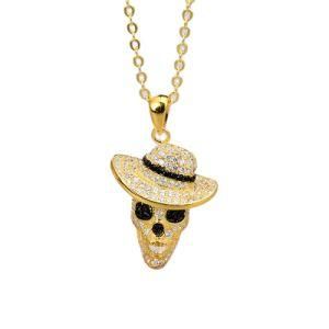 Hiphop Mens Punk 925 Sterling Silver Necklace Diamond Skull Hat Pendant Necklaces Street Rock Jewelry