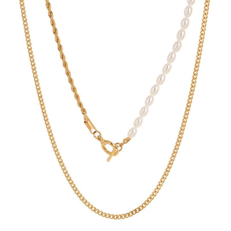 Manufacturer Custom Simple Chick Jewelry High Quality Half Wheat Chain Half Pearl Necklace and Curb Chain Necklace for Fashion Women Bijoux