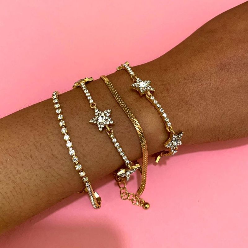 Fashionable Elegant Geometry Zircon Bracelet Four-Piece Bracelet Micro-Inlaid Star Snake Bone Chain Set Bracelet