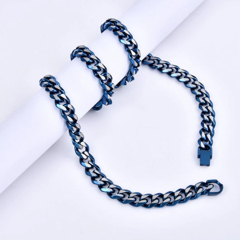 Stainless Steel Jewelry Blue Color Plated Miami Cuban Chain Necklace Fashion Jewelry 16 18 20 22 24inch