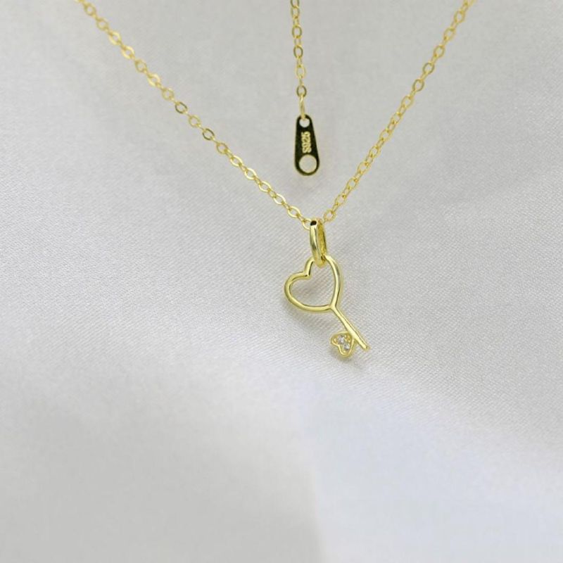 925 Sterling Silver 14K Gold Plated Hear Zircon Key Pendant Clavicle Chain Necklace Women Party Jewelry Gift