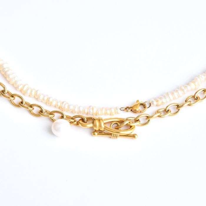 New Arrival Lovely 18K PVD Gold Plated Stainless Steel Necklace with Pearl Layering Necklaces Bracelets Jewelry Set for Ladies