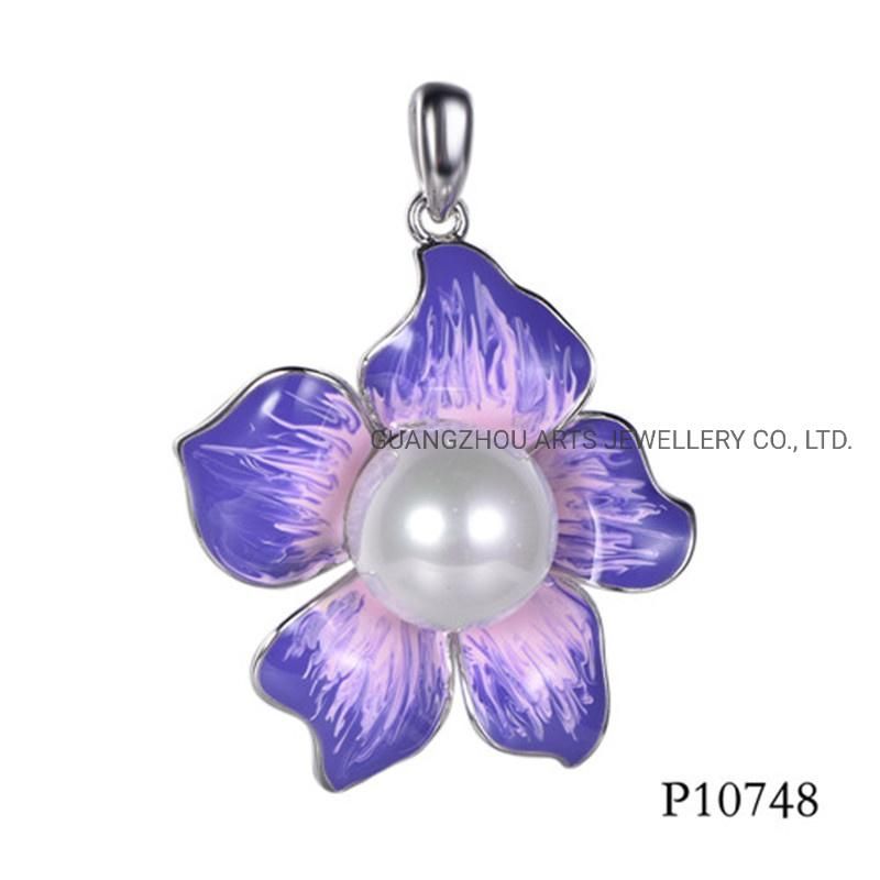 Purple Enamel Flower with White Shell Pearl Silver Pendant