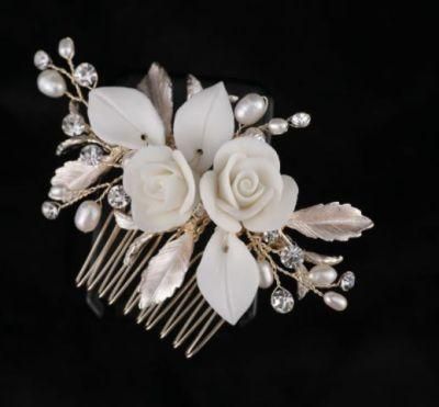 Wedding Bridal Hair Comb Hair Stick Headpiece. Silver Crystal Ceramic Flower Hair Comb Headband Tiara Hair Comb