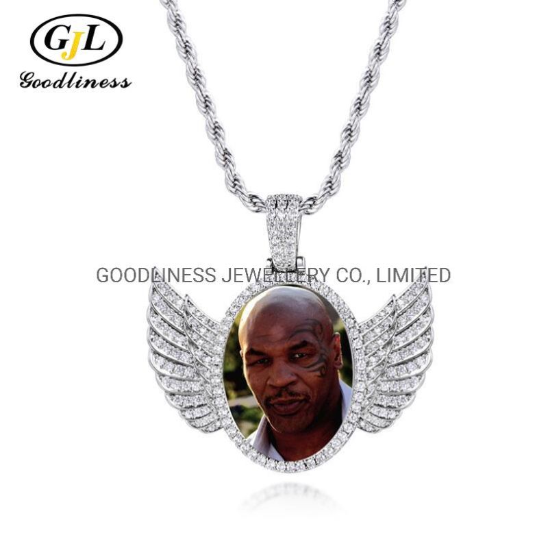 Wing Memory Photo Pendant Necklace Silver Hip Hop Fashion Jewelry