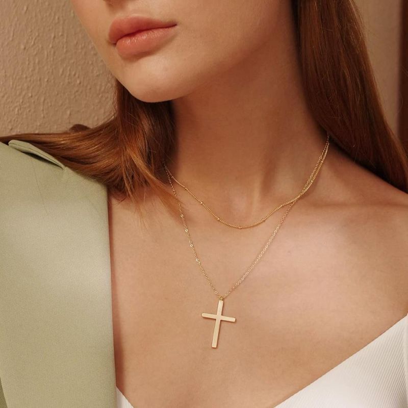 Trendy Custom Minimalist Classic Women Gifts 925 Sterling Silver 18K Gold Plated Cross Double Layered Pendant Necklace Jewelry