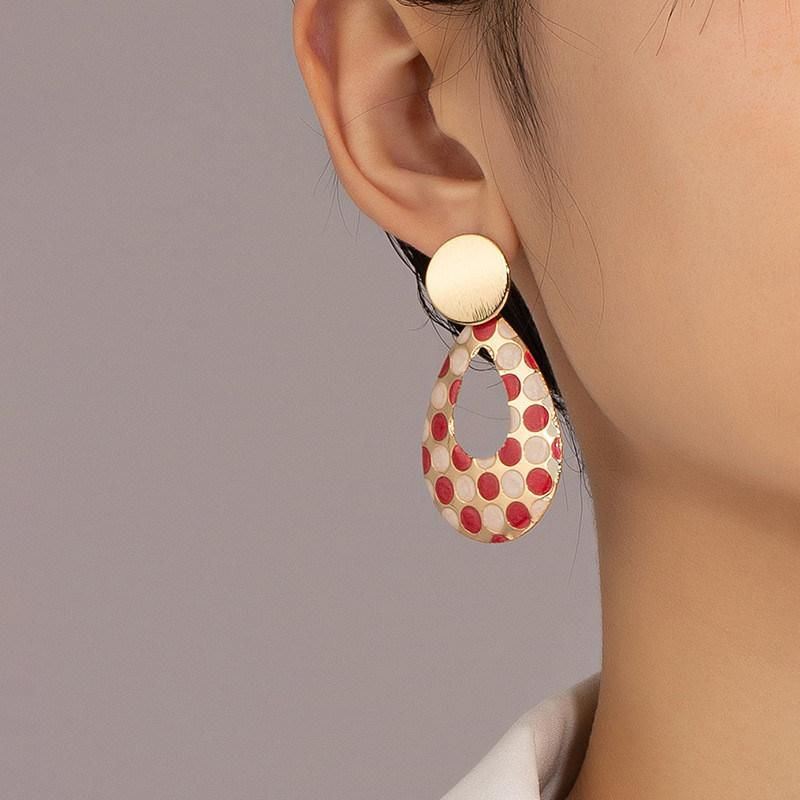 New Arrival Geometric Teardrop Shape White Red Dots Enamel Epoxy Drop Earrings for Women Fashion