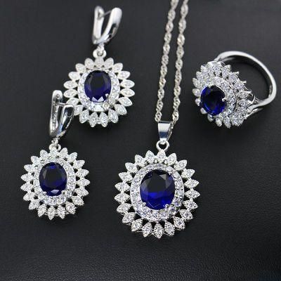 Factory Direct Marquise White Gold Plated Jewelry Set Big Sun Flower Shape Sapphire Women Necklaces and Earrings Sets