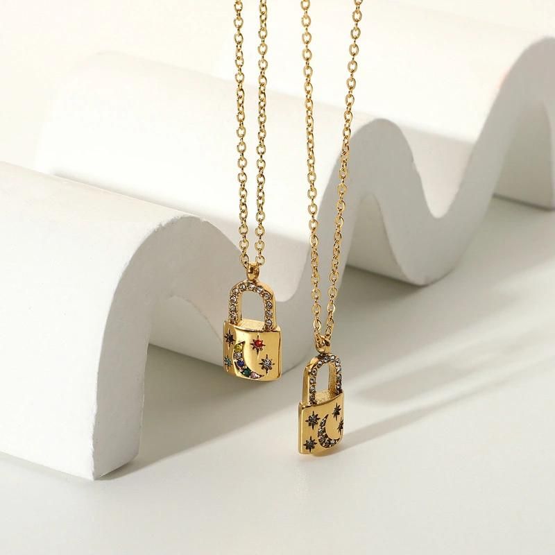 Stainless Steel Lock Necklace Inlaid CZ for Women Pendant Necklaces Fashion Jewelry
