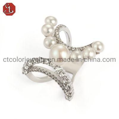 Fashion Jewelry 925 Sterling Silver Creative Design Ring with CZ and Pearl Fashion Customized Jewellery