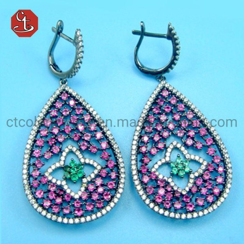 Hot Sale Rhodium Plated 925 Sterling Silver Fine Jewelry Drop Chanel Set Micro Pave CZ Dangle Earrings