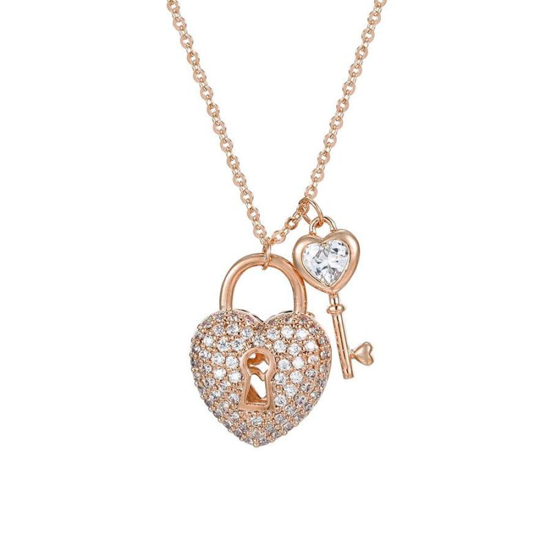 Jewelry Fashion Lucky Lock Heart Shape Lock Key Pendant Gift Rose Gold Diamond Necklace