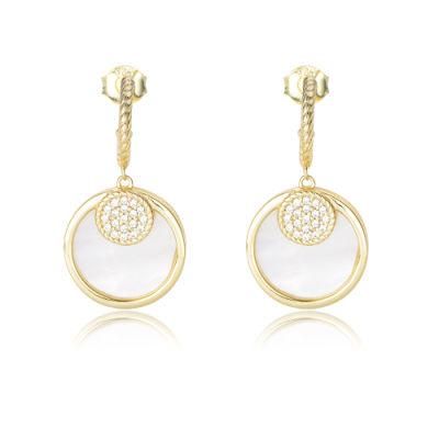 Fashion Women Jewelry 14K Gold Plated Jewellery Zircon Charm C-Shape Stud Mother of Pearl Shell Earrings