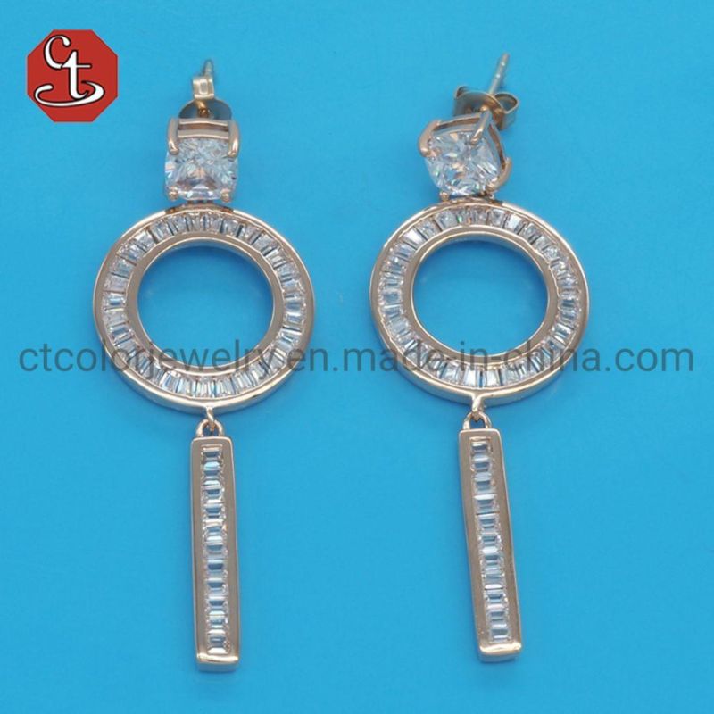 Women Popular Baguette TP CZ Stone SQ Long Brass & Silver Jewelry Earring 