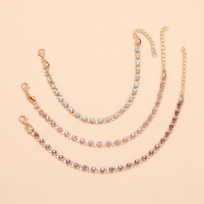 Simple and Sweet Pink Claw Chain Copper Buckle Foot Ornaments Multi-Layer 3-Piece Crystal Set Anklet