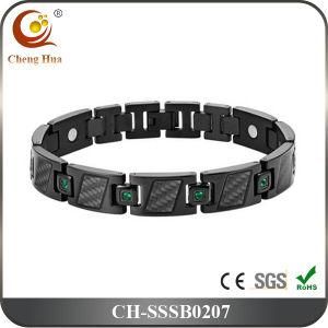 Black Plated Crystal Magnetic Stainless Steel Bracelet with Carbon Fibers