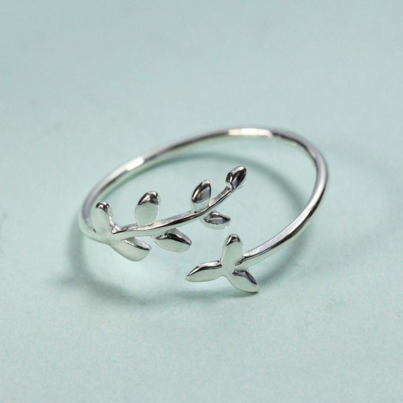 925 Solid Real Sterling Silver Fashion Leaves Opening Ring Sizable 5 6 7 for Teen Girl Kid Xmas Gift