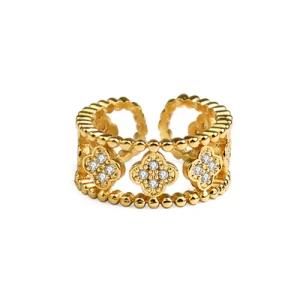 Women Jewelry Fashion Zircon Stainless Steel Flowers Cuff Ring