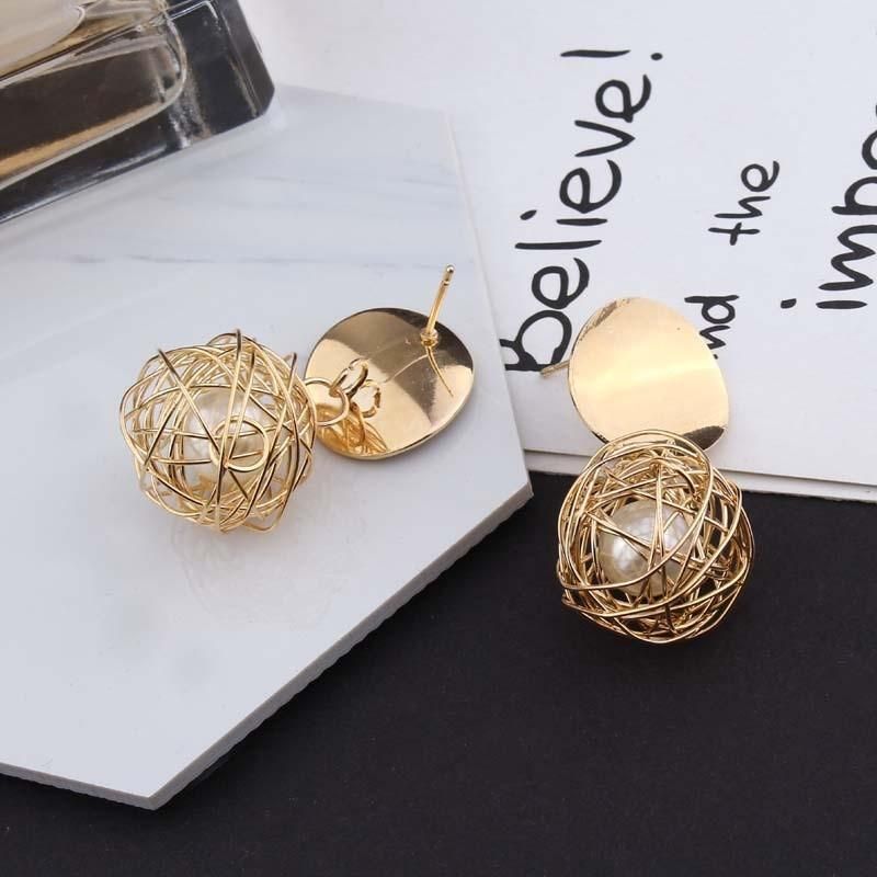 Women Golden Color Round Ball Geometric Earrings Fashion Jewelry Stud Earrings