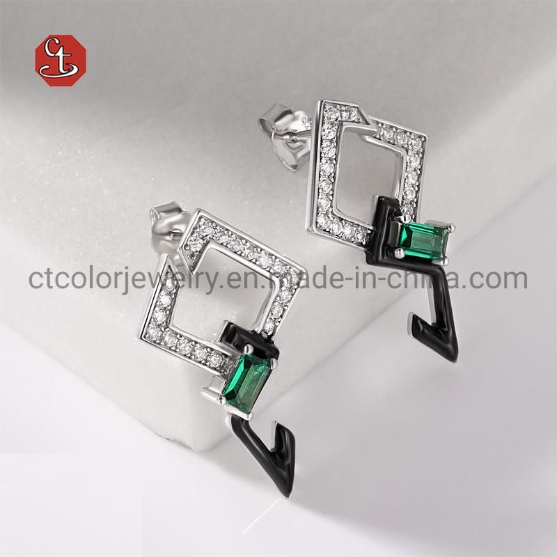 Fashion Jewelry 925 Sterling Silver and  Emerald Color CZ Rhombus Earrings Jewellery