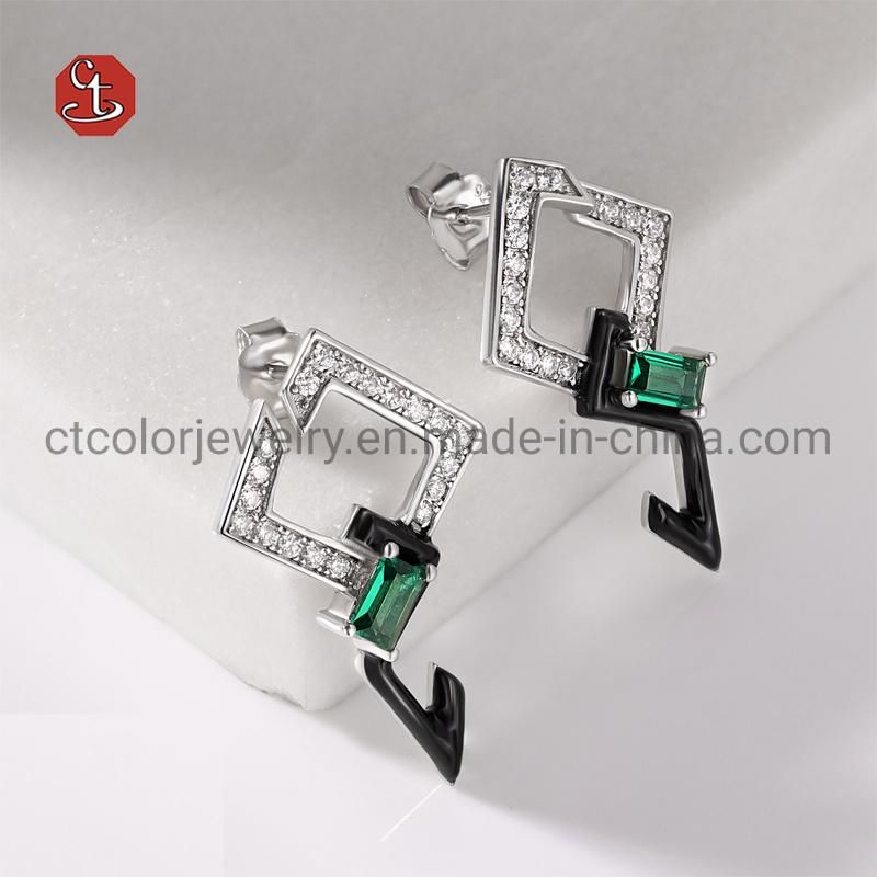 Fashion Jewelry 925 Sterling Silver and Emerald Color CZ Rhombus Earrings Jewellery