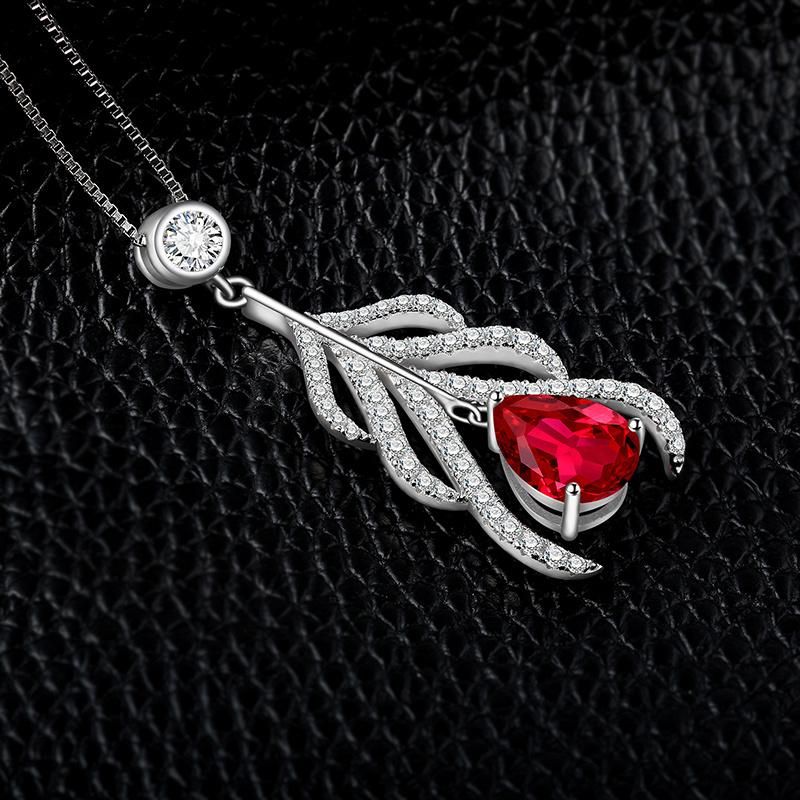 Created Ruby Peacock Plume Teardrop Pendant for Women 925 Sterling Silver Jewelry