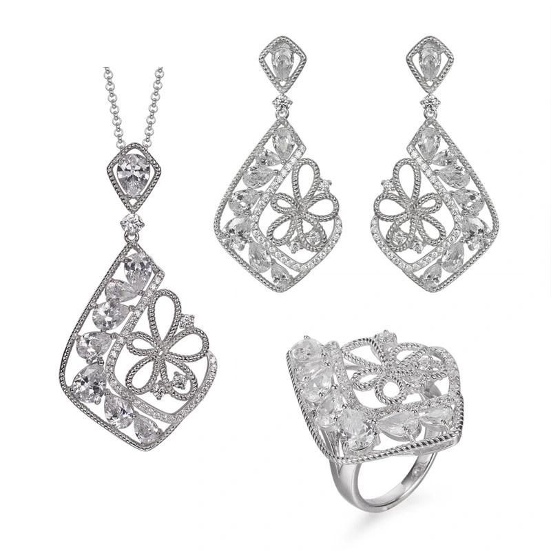 2022 Fashion Silver or Brass Blue Glass Earring Pendant Female Jewelry Set