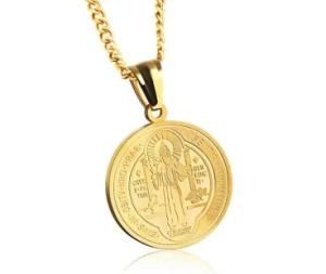 New Trendy Stainless Steel with Golden Crucifixion of Jesus Christ Oval Medal Pendant Catholic Jesus Cross Necklaces