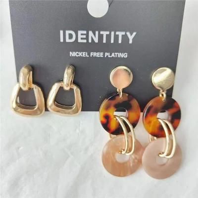 2pack Resin Perspex Long Drop and Smooth Alloy Trapezoidal Stud Multiple Earrings in 18K Gold Plated