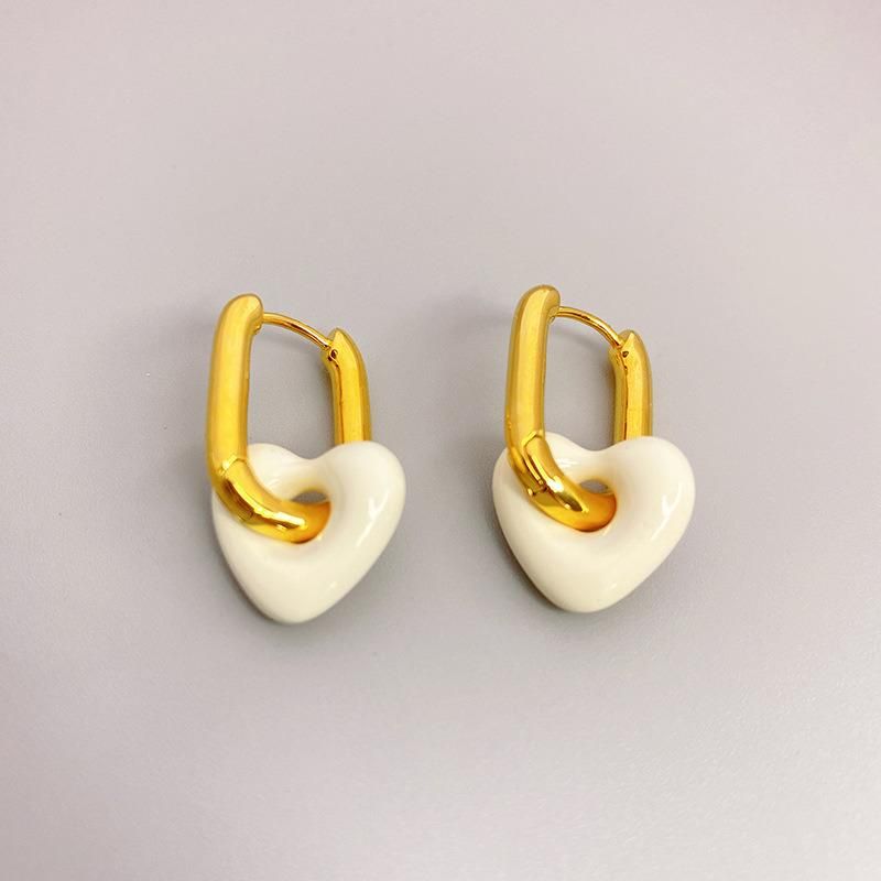 Gold U-Shaped Earrings with Enamel Glazed Peach Heart Earring