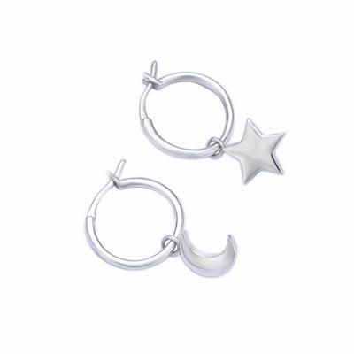 Pure 925 Sterling Silver Gold Plated Moon and Star Charm Huggie Earrings