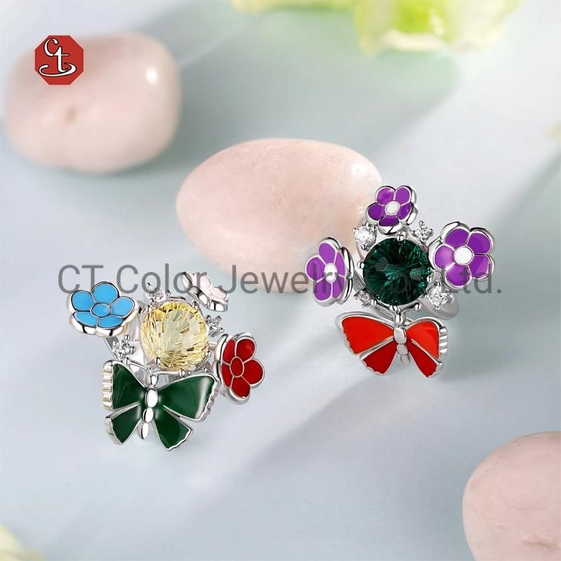 Fashion 925 Silver Jewelry Butterfly Flower Shape Enamel Pale Yellow Glass Stone Ring