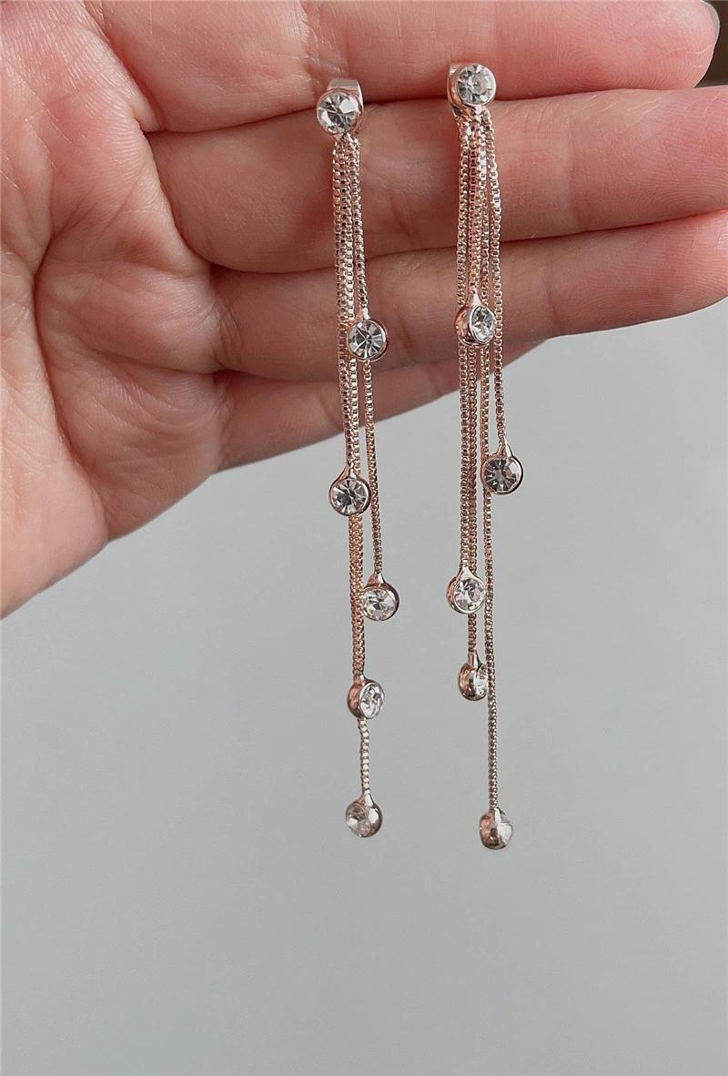 Lovely Fashion Women Accessories Jewelry Rose Gold Plated 5 Rows Irregular Length Fancy Long Box Chain Tassel Earrings with Crystal Stones for Women Girls Lady