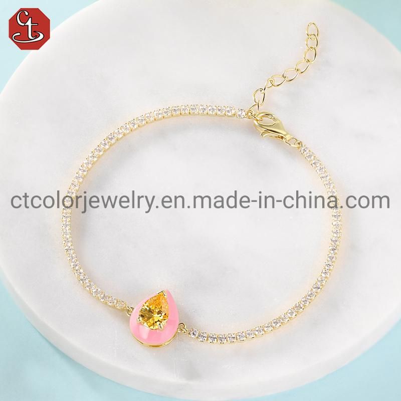 Fashion Jeweley Yellow Gold Coated 925 Silver Sterling Enamel Bracelet with Lemon Topaz Stone