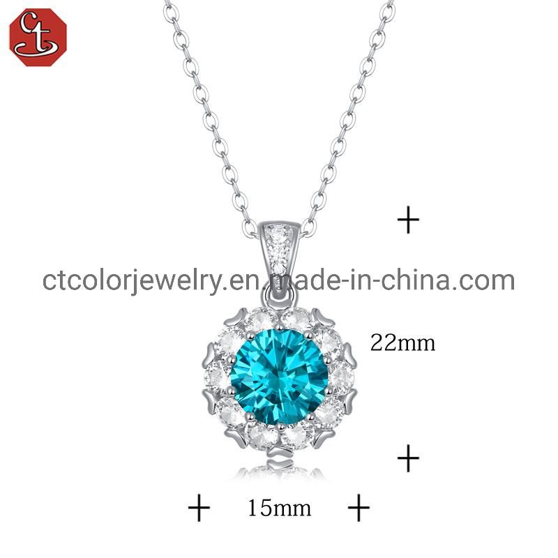 Hot Sale Fashion Jewelry Bule Moissanite Pendant Silver Necklace Women Jewellery