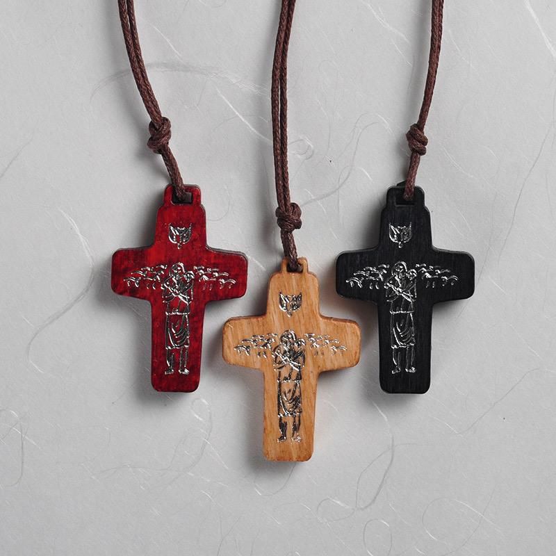 Natural Beech Wood Pendant Cross Necklace with Cord