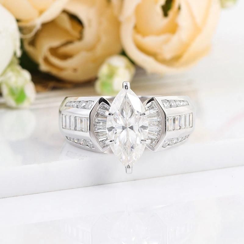 Fine Jewelry Luxury Diamond Rings 14K White Gold 2.5 Carat Def Marquis Moissanite Rings for Men and Women Wedding Dress Ring