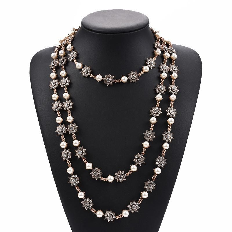 Multilayer Pearl Crystal Gem Necklace Long Sweater Chain Decoration Accessories