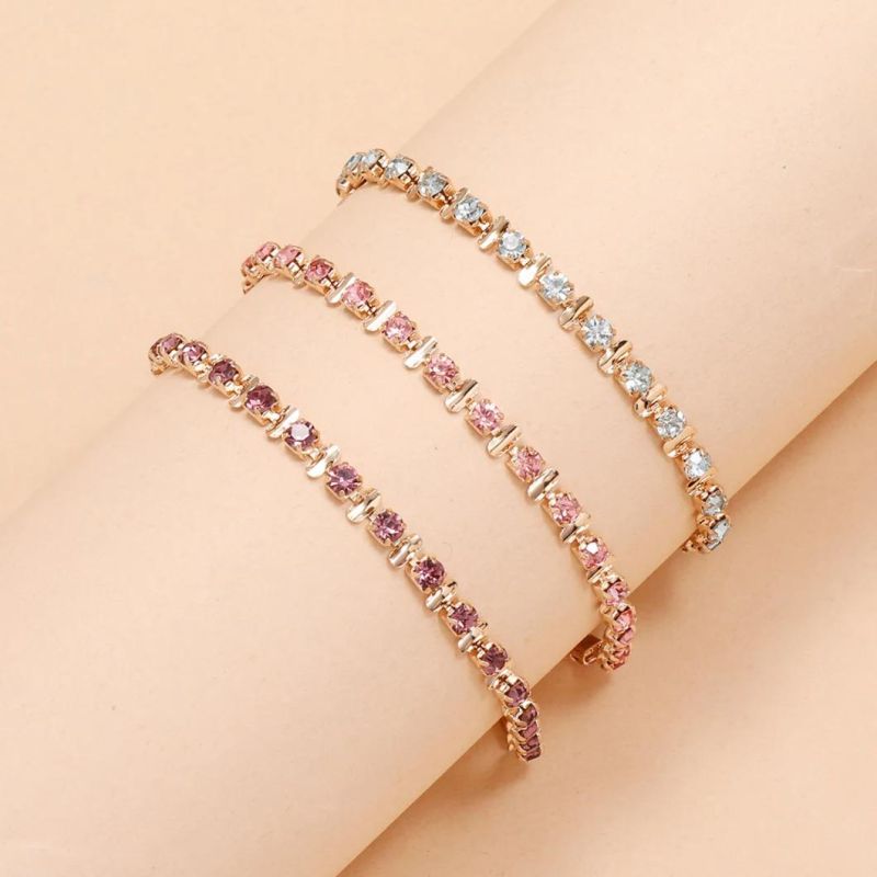 Simple and Sweet Pink Claw Chain Copper Buckle Foot Ornaments Multi-Layer 3-Piece Crystal Set Anklet