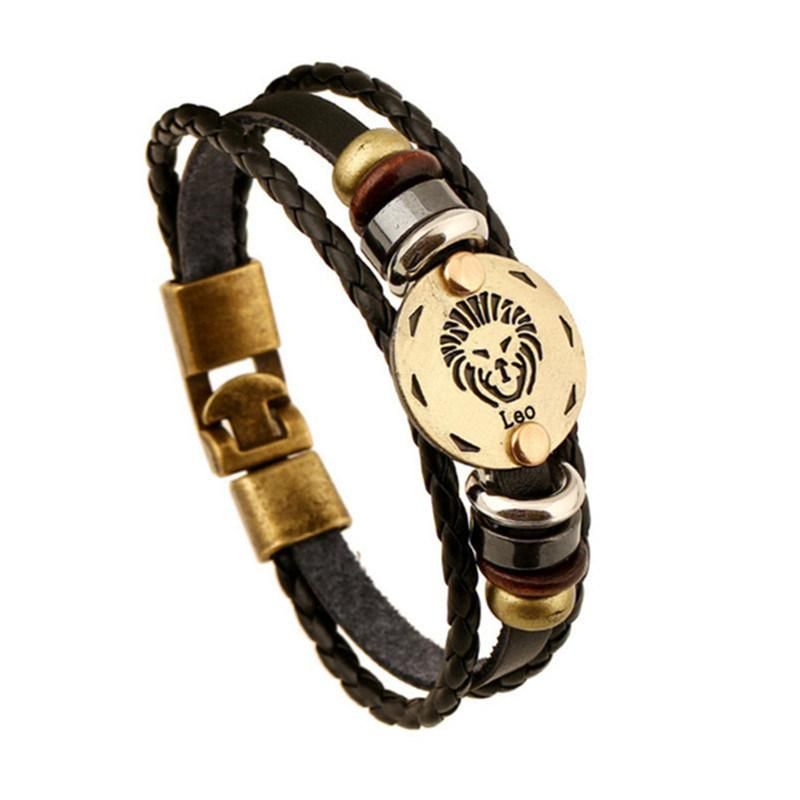 Bronze Alloy Buckles Zodiac Signs Punk Bracelets & Bangles Mens Leather Bracelets