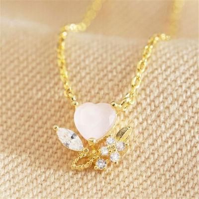 Pink Crystal Stone Heart Pendant Necklace in Gold Plated