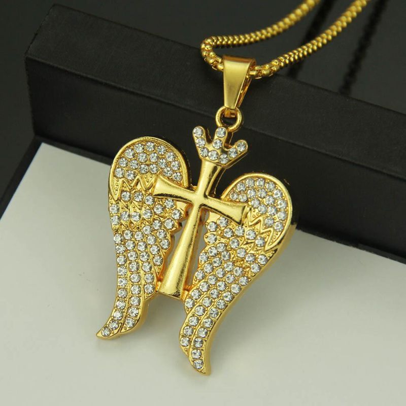 Fashion Mens Gold Angel Wings with Cross Shape Pendant Necklace