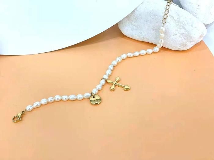 High Quality Not Fade PVD Gold Plated Jewelry Stainless Steel Cross Pendant Pearl Charming Necklace for Women Gift