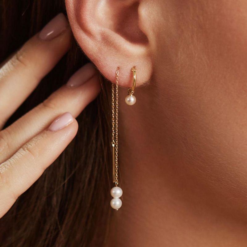 Customization Jewelry Minimalist 9K 14K 18K Solid Gold Natural Freshwater Fresh Water Pearl Drop Needle and Thread Earrings