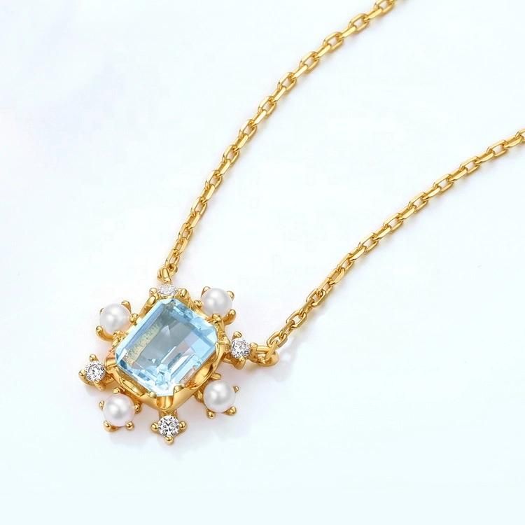 Wholesale 925 Silver Sky Blue Topaz Necklace Jewelry Trend Gold Plating Necklace with Zircon Pendant