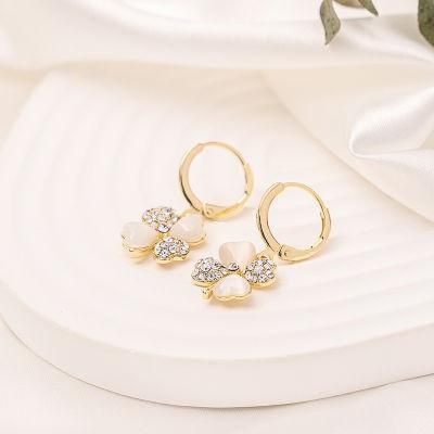 Korean Fashion Lucky Four Leaf Clover Drop Earring with Natural Cat Eye Round Huggie Hoop Fashion Earring for Lady Anniversary Gift