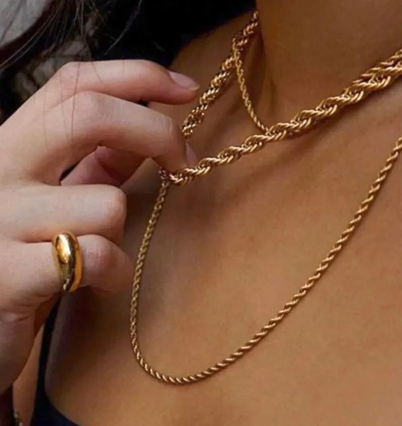 Fashion Simple Gold Plated Twist Rope Chain Bracelet Necklace for Rapper Dancer Men Women 14-36inch